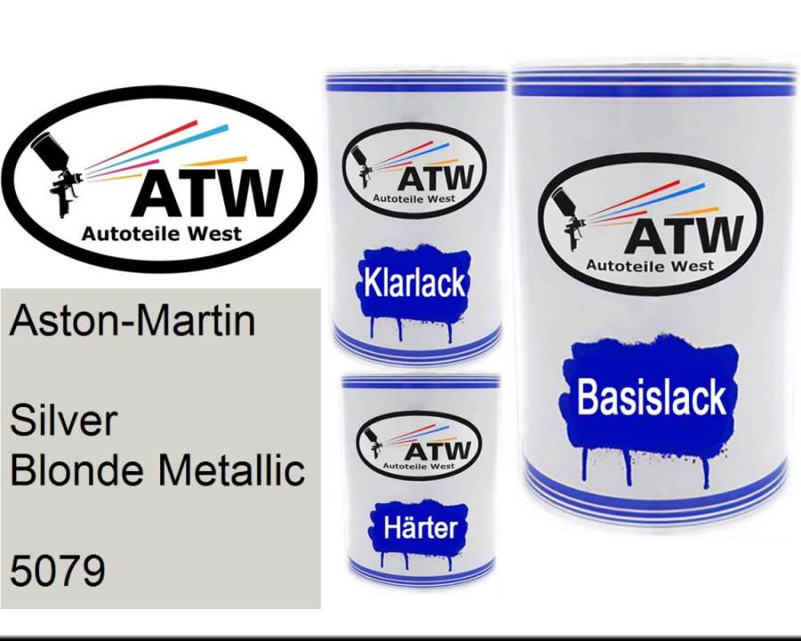 Aston-Martin, Silver Blonde Metallic, 5079: 500ml Lackdose + 500ml Klarlack + 250ml Härter - Set, von ATW Autoteile West.